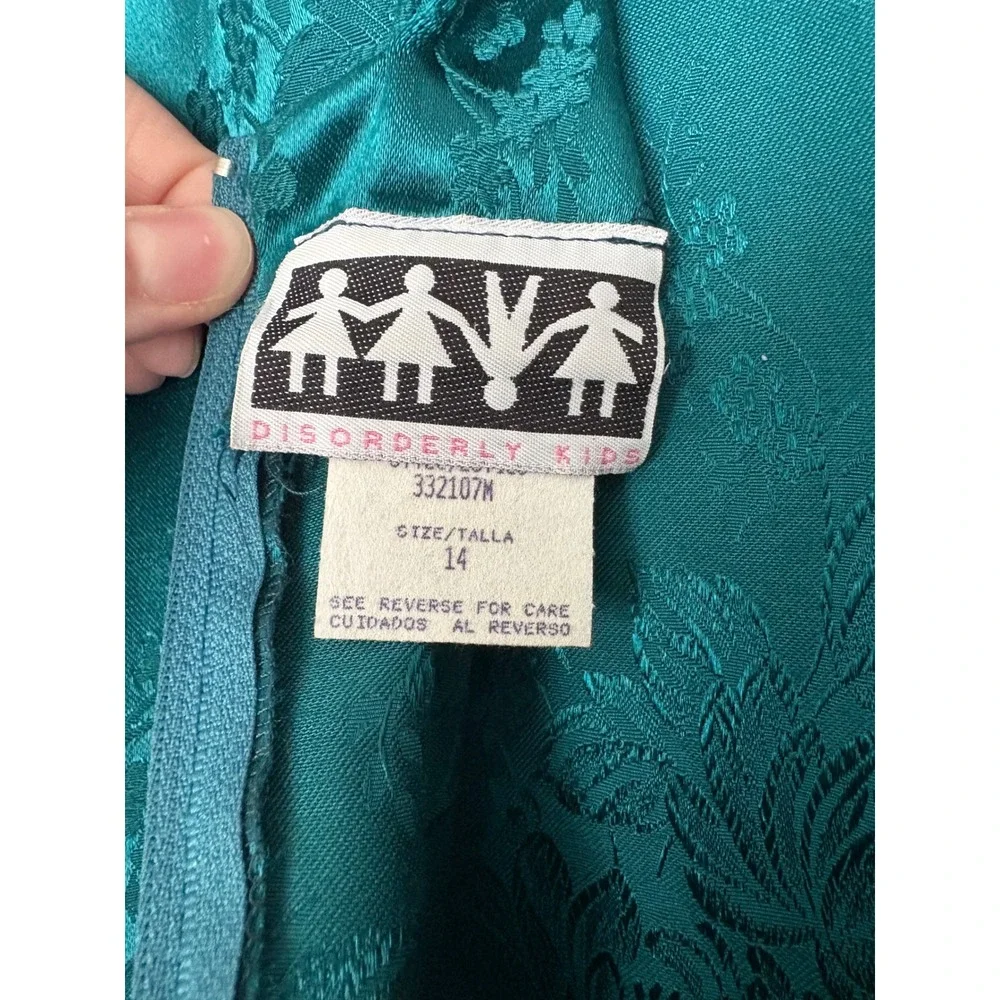 Vintage Disorderly Kids Emerald Green Floral Jacquard Dress Girls14 Made in USA